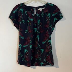 Boden Navy Top with Teal and Burgundy Butterfly Print